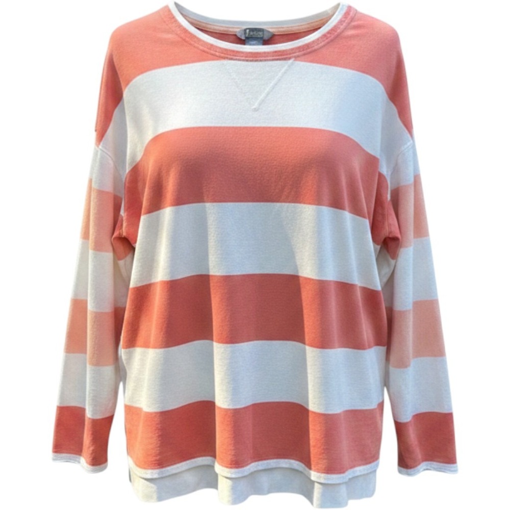 Natural Reflections Women 2X Coral White Striped Long Sleeve Cotton Top Pullover
